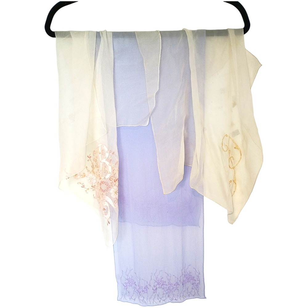 Godiva Pure Silk Embroidered Scarf‎ Set Lavender Cream Monogram Floral Sheer 3pc
